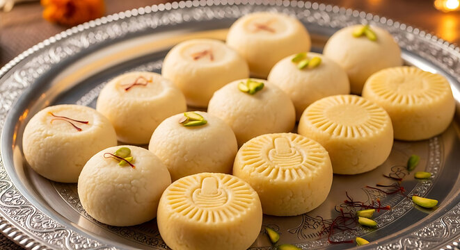 Peda sweets are neatly arranged on a traditional silver platter with a polished metal texture.