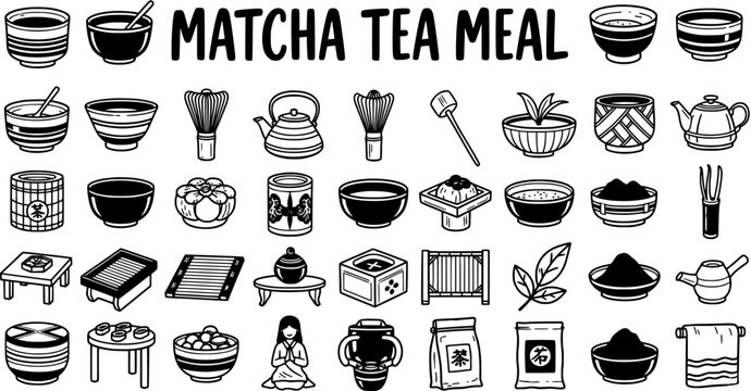Matcha Tea Meal Icon Set: Japanese Green Tea Ceremony Tools, Bowls, Sweets, and Utensils Collection