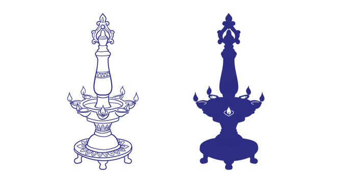 Samai oil lamp traditional dishes tableware hand drawn vector ink oriental asian Indian design isolated