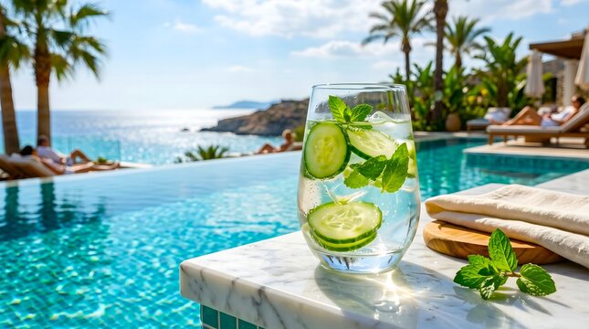 Glass of cucumber mint infused water on a marble poolside ledge with a blurred tropical ocean resort background in horizontal orientation.