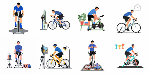 Fototapeta premium Set of flat illustrations depicting a professional cyclist training indoors using smart trainers, stationary bikes, and virtual simulation technology for home fitness.