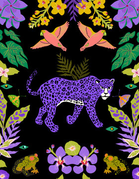 background illustration with wild nature jungle and animals abstract bohemian cartoon illustration