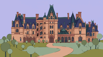 Grand historic mansion illustration with pathway and trees © AS_StockNation
