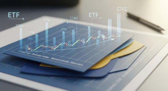 Financial growth charts and graphs of ETF investments on digital documents