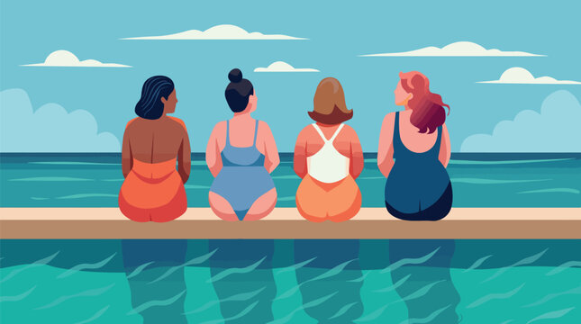 Diverse group of women with different body types sitting on a poolside enjoying a sunny day embracing body positivity and self acceptance while overlooking the calm ocean under a clear blue