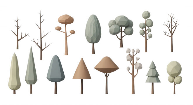 A collection of low poly style trees with geometric shapes, featuring various species in shades of green, brown, and grey on black