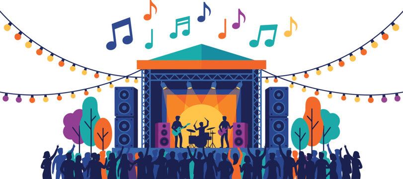 Vibrant outdoor music festival scene with a live band performing on stage illuminated by stage lights and surrounded by cheering crowd silhouettes colorful trees and festive string lights