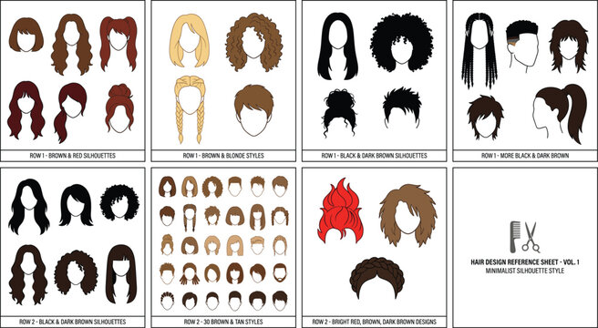 Comprehensive vector reference sheet of diverse hairstyle silhouettes in multiple colors and textures for beauty and character design