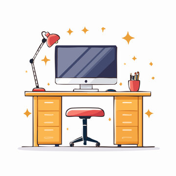 Modern Desk Setup with Computer, Lamp, and Chair