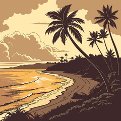 Obraz premium Sepia sunset beach illustration with palm tree silhouettes and ocean waves