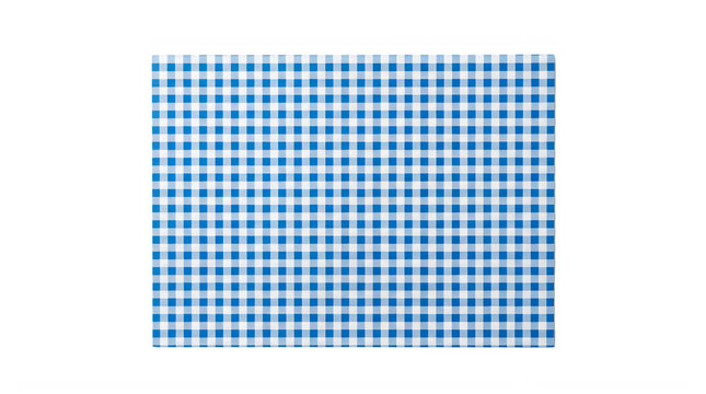 Blue and white gingham checkered fabric swatch for picnic and kitchen textile branding frontal isolated png on a transparent background perfectly cutout high resolution