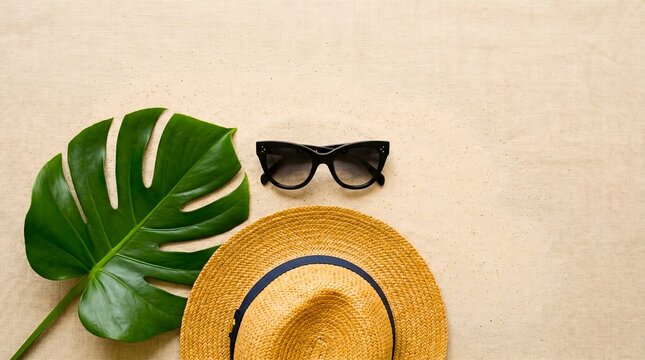 Sunglasses, straw hat, and monstera leaf on sand background