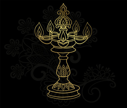 Samai oil lamp traditional dishes tableware hand drawn vector ink oriental asian Indian design isolated black gold