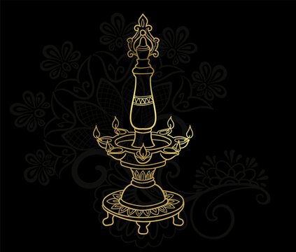 Samai oil lamp traditional dishes tableware hand drawn vector ink oriental asian Indian design isolated black gold