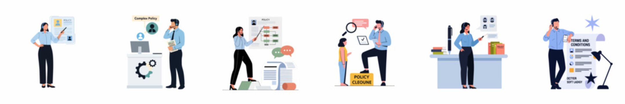 Customer service agents explaining insurance policies, terms and conditions, and business contracts in a set of flat vector illustrations.