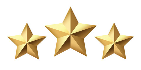Obraz premium Set of three shiny gold stars in different sizes. Luxury glossy rating and review symbol isolated on transparent background. Suitable for awards, feedback, rankings, quality labels, games, apps, achie