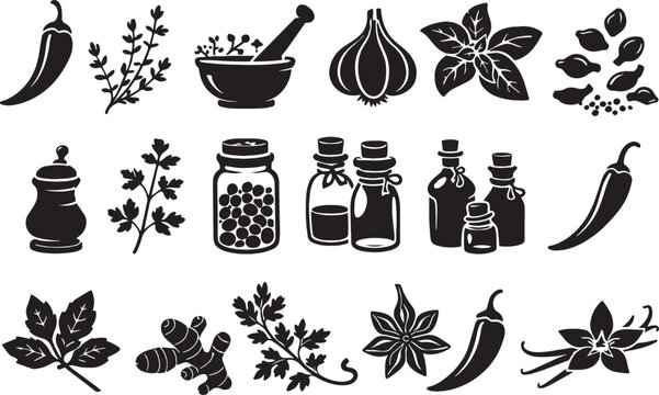 Culinary herbs and spices vector icon set, black silhouette kitchen seasoning elements, organic cooking ingredients and spice jars collection