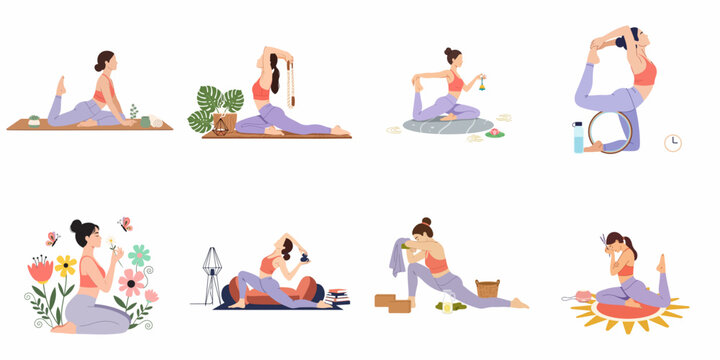 Collection of flat vector illustrations featuring a young woman practicing various yoga poses and mindfulness exercises with accessories in serene indoor and outdoor settings.