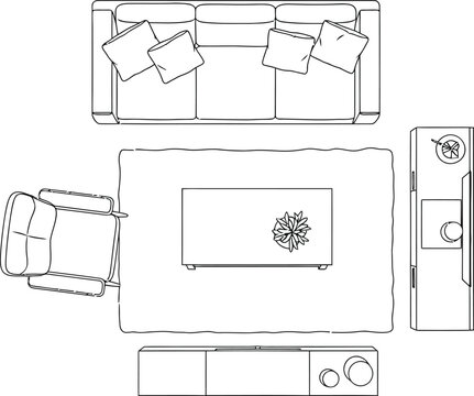 Top view of living room furniture with sofa, coffee table and tv stand