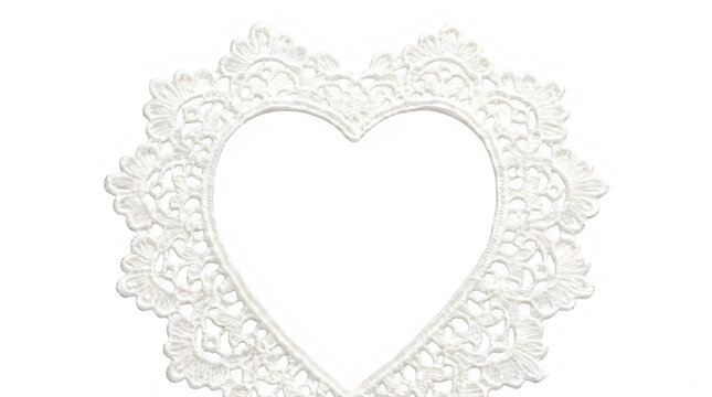 White heart shaped lace frame with intricate floral embroidery frontal isolated png on a transparent background perfectly cutout high resolution