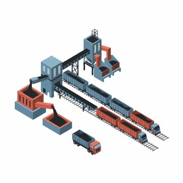 Industrial coal processing plant with trains and trucks.
