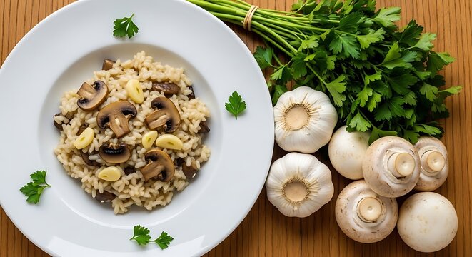 Mushroom Risotto with Fresh Parsley and Mushrooms on Wooden Table