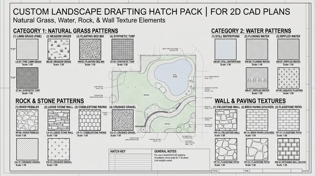 Comprehensive collection of professional landscape drafting hatch patterns for two dimensional cad plans featuring grass water rock and wall textures designed specifically for architects and landscape
