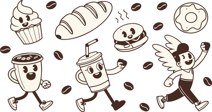 Cartoon fast food and drinks characters running with coffee beans and baked goods  happy eating and drinking concept