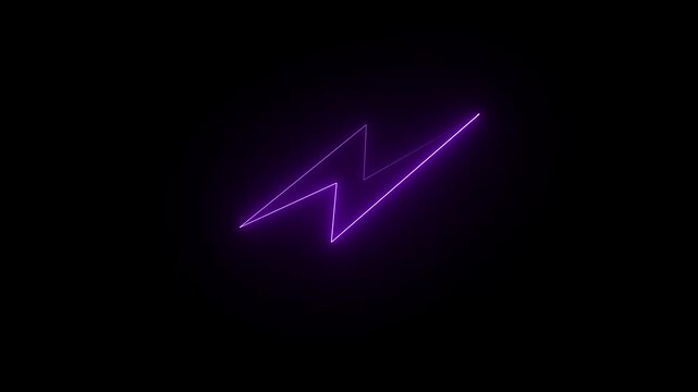 Neon charging lightning bolt, glowing sign. Charge flash purple icon. Lighting strike, lightning bolt sign black background 4k animation