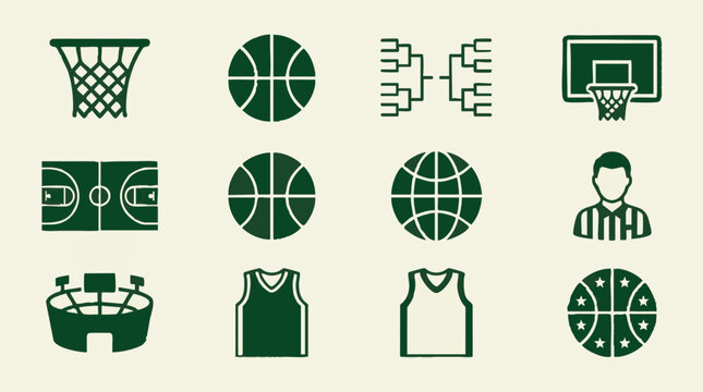 Basketball sports icon set with ball, court, hoop, referee, jersey