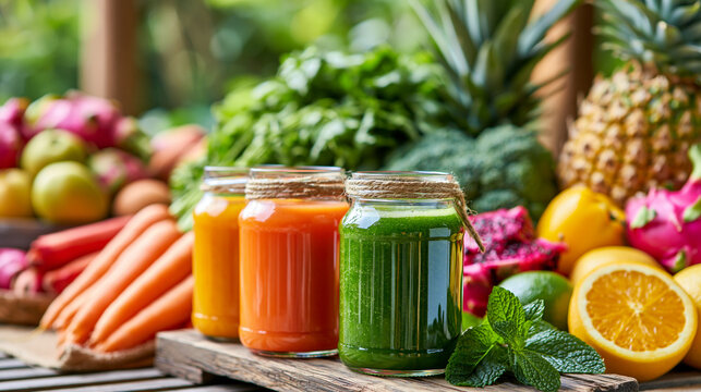 Juice bar display with assorted fresh fruits and vegetables, tropical summer outdoor background, organic produce and detox concept, with copy space