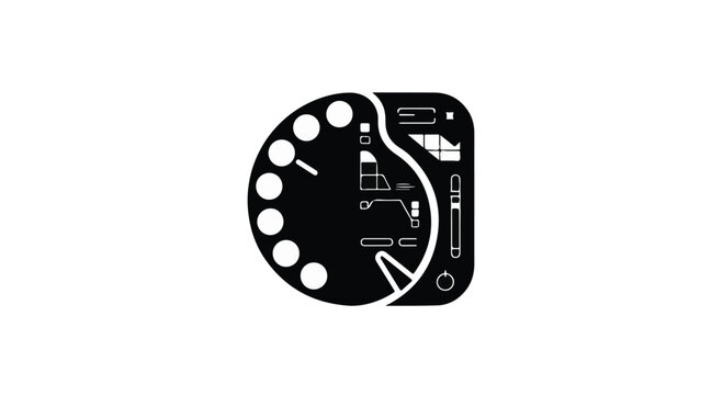 Dashboard interface element displays a modern tachometer design with intricate data metrics and circular gauge markers rendered in a clean flat graphic style suitable for digital technology systems.
