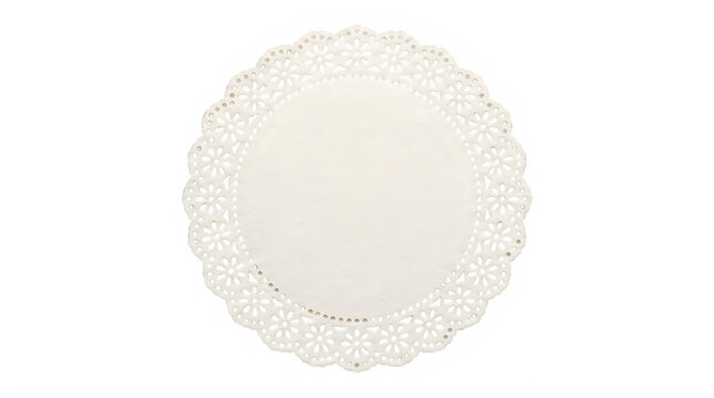 Circular white paper doily for elegant wedding table and bakery branding frontal isolated png on a transparent background perfectly cutout high resolution