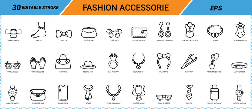Fashion Accessories editable line art icon set. Smart watch, jewelry, handbag, sunglasses, necklace, earrings, belt, scarf, hat, gloves, wallet, perfume, travel suitcase icons. Vector EPS.