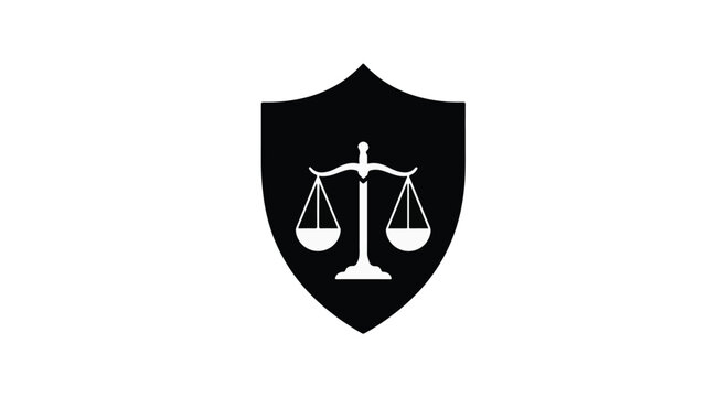Justice shield emblem featuring a traditional balance scale icon represents legal authority and fair judicial proceedings in a modern corporate professional firm, isolated on white background.
