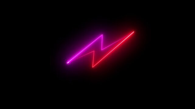 Neon charging lightning bolt, glowing sign. Charge flash red pink icon. Lighting strike, lightning bolt sign black background 4k animation