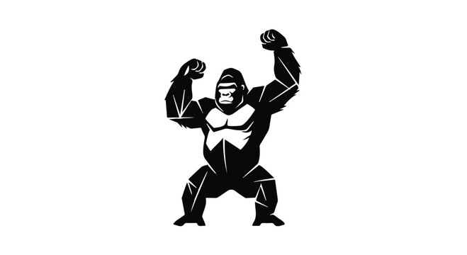 Gorilla silhouette illustration depicts a strong primate standing in a dominant chest-beating pose with sharp geometric artistic lines emphasizing the animal's physical power and wild spirit.