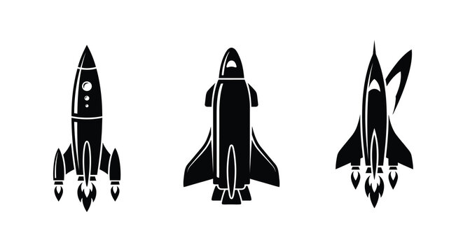 Three rocket ship silhouettes on a white background silhouette