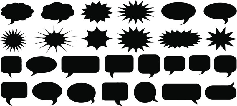 Comic Burst, Speech Bubble and Text Box Silhouette Vector Set Featuring Essential Graphic Elements for Comic Design, Pop Art, Retro Style Storytelling and Dialogue Highlights