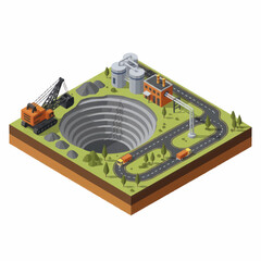 Fototapeta premium Isometric view of a mining operation with a large pit and industrial buildings.