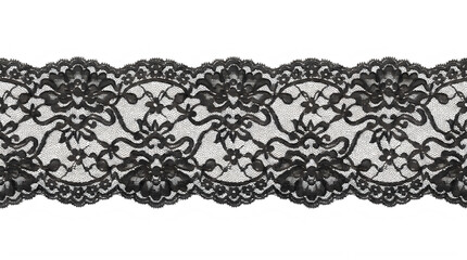 Wide black floral lace ribbon for dark gothic and luxury fashion decoration frontal isolated png on a transparent background perfectly cutout high resolution