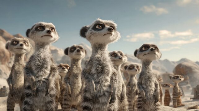 A Group of Curious Meerkats Standing on Hind Legs Scanning the Horizon Under a Cloudy Sky