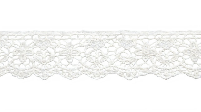 White lace ribbon strip with intricate floral patterns for wedding craft decor frontal isolated png on a transparent background perfectly cutout high resolution