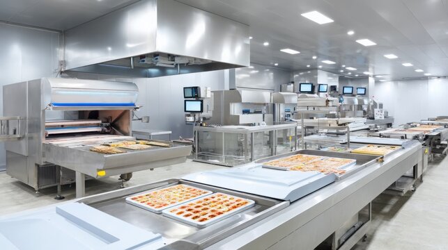 Automated Food Processing Line with Stainless Steel Equipment in a Modern Industrial Facility