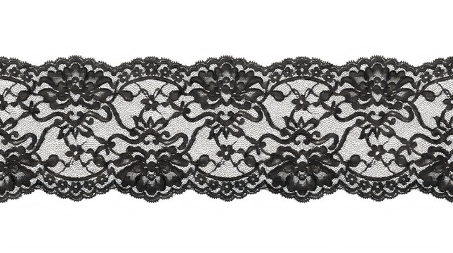 Wide black floral lace ribbon for dark gothic and luxury fashion decoration frontal isolated png on a transparent background perfectly cutout high resolution