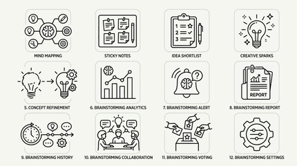 Obraz premium Set of 12 creative brainstorming and ideation thin line icons.