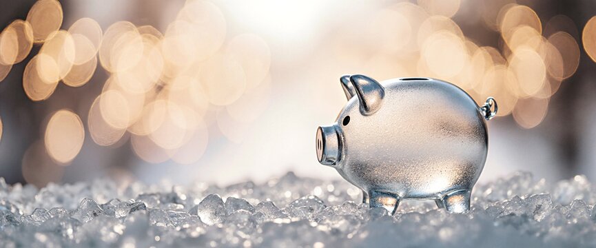 Transparent glass piggy bank on icy surface