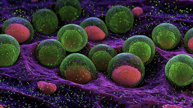 Microscopic view of green and red spherical cells on a purple textured surface