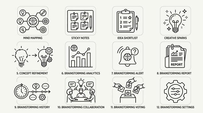 Set of 12 creative brainstorming and ideation thin line icons.