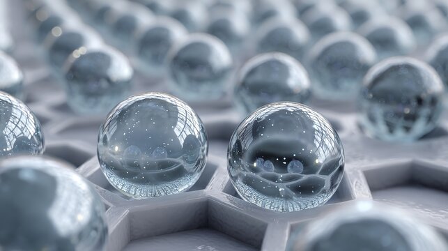 Transparent spherical droplets arranged in a hexagonal grid pattern, reflecting light and surroundings.
